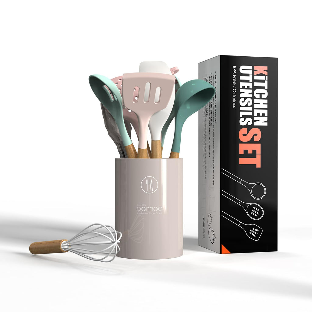 oannao Silicone Cooking Utensils Kitchen Utensil Set - 446°F Heat Resistant Silicone Kitchen Utensils Set, Spatula,Turner Tongs, Spoon, Whisk,Kitchen Gadgets for Nonstick Cookware, BPA Free (Gray)