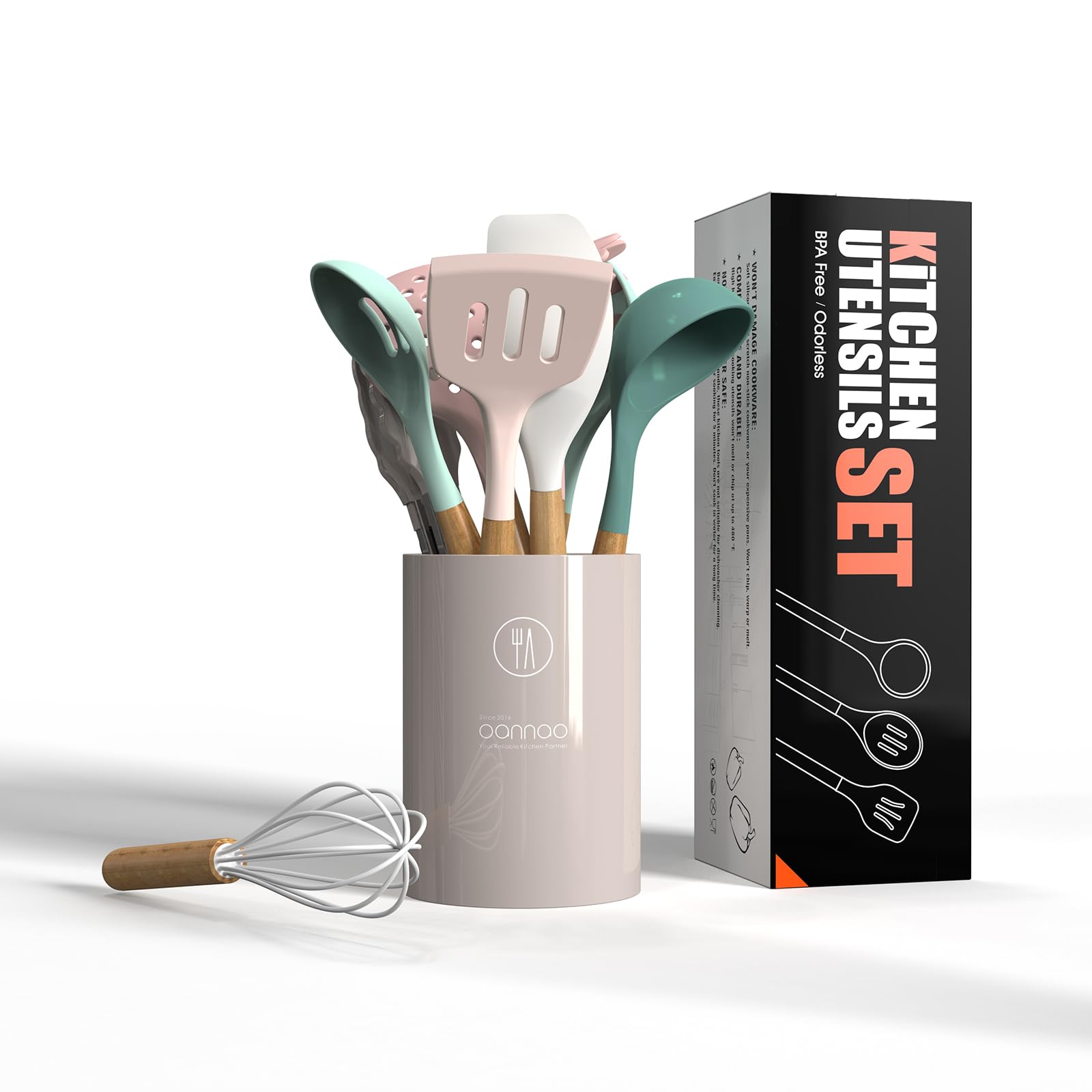 oannao Silicone Cooking Utensils Kitchen Utensil Set - 446°F Heat Resistant Silicone Kitchen Utensils Set, Spatula,Turner Tongs, Spoon, Whisk,Kitchen Gadgets for Nonstick Cookware, BPA Free (Gray)