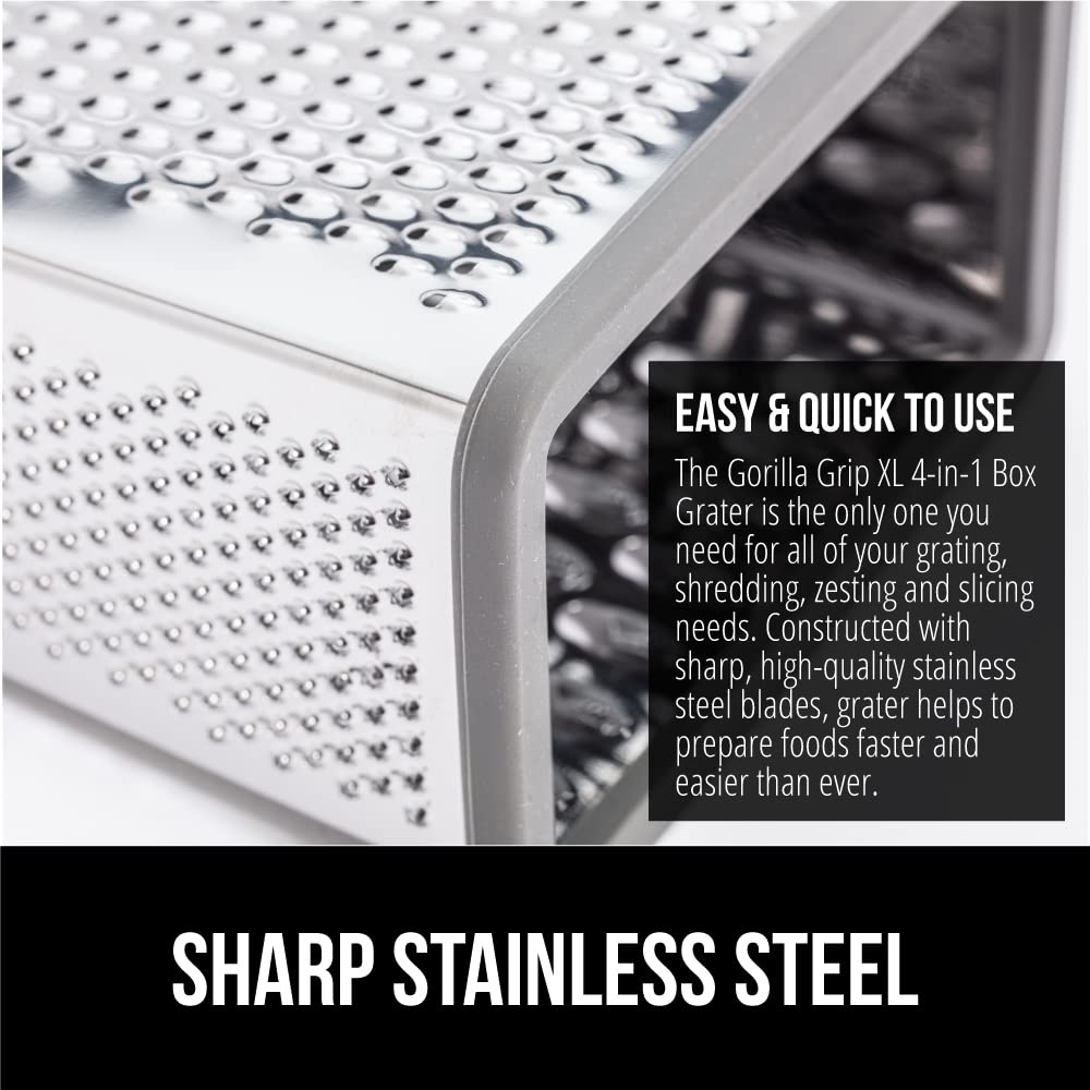GORILLA GRIP 4-Sided Stainless Steel Cheese Grater With Container, 100% BPA-Free Box Grater, Slip Resistant Base and Handle, Grate Parmesan, Hard Cheeses, Shred Vegetables, Dishwasher Safe, Black