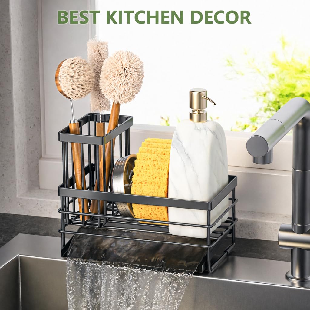 Cisily Sink Caddy Sponge Holder for Kitchen with Brush Holder and Stainless Steel Self Drain Tray, Rustproof Kitchen Sink Organizer for Sponge, Soap Dispenser Storage Accessories (Black)