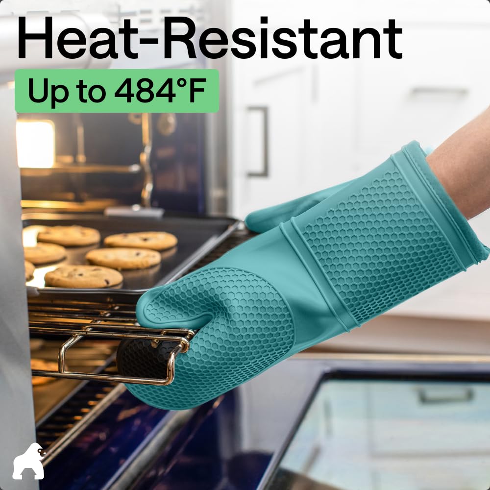 GORILLA GRIP BPA-Free Soft Silicone Oven Mitts, Heat Resistant and Waterproof Cooking Safety Gloves, Thick Cotton Lining, Flexible Gripping, Kitchen Potholders Set, for Grilling, BBQ, 12.5x8.3, Black