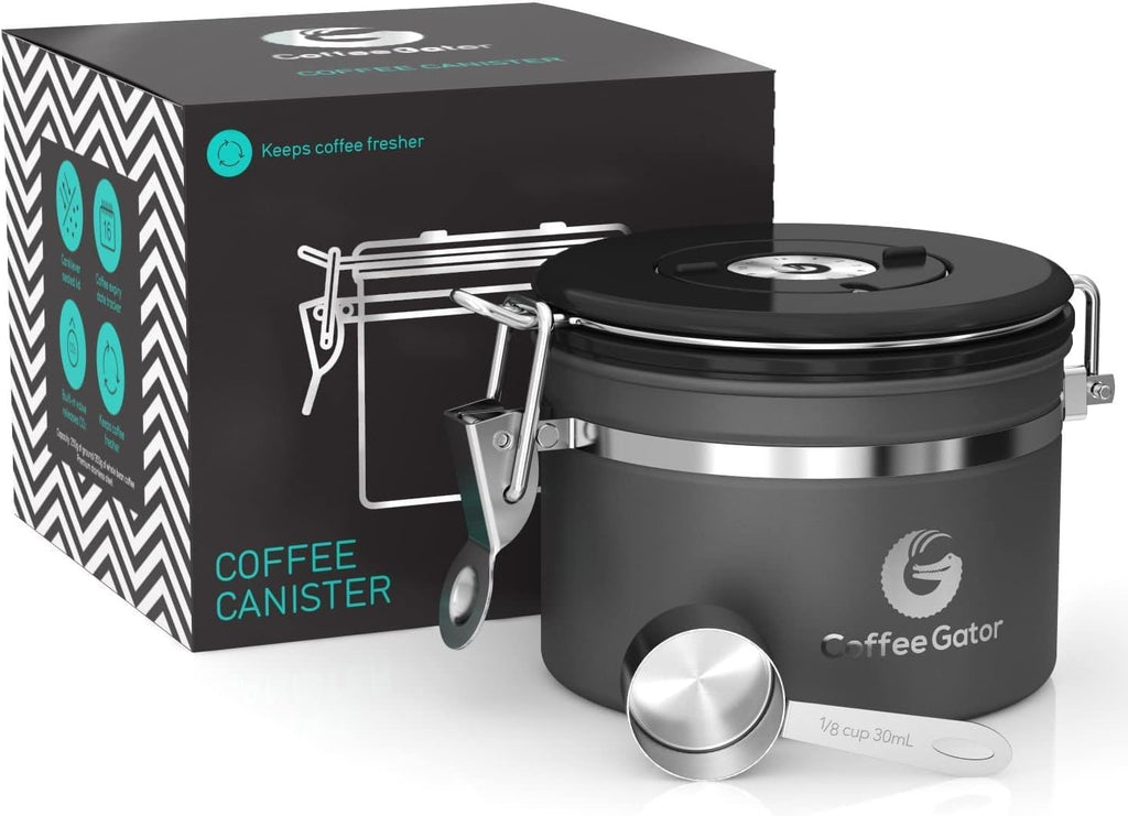 Coffee Gator Stainless Steel Canister - Medium 16oz, Gray Coffee Grounds and Beans Container with Date-Tracker, CO2-Release Valve, and Measuring Scoop - Ideal Coffee Lovers Gifts
