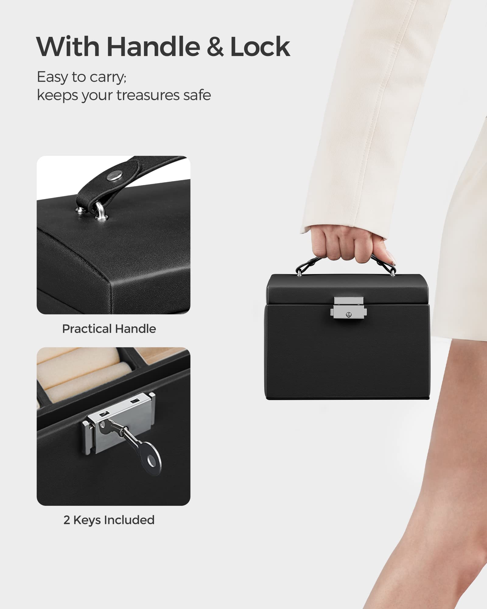 SONGMICS 3-Tier Jewelry Box, Travel Jewelry Case with Handle, 2 Drawers, Lockable Jewelry Organizer with Mirror, Jewelry Storage, Modern Style, Gift for Loved Ones, White UJBC154W01