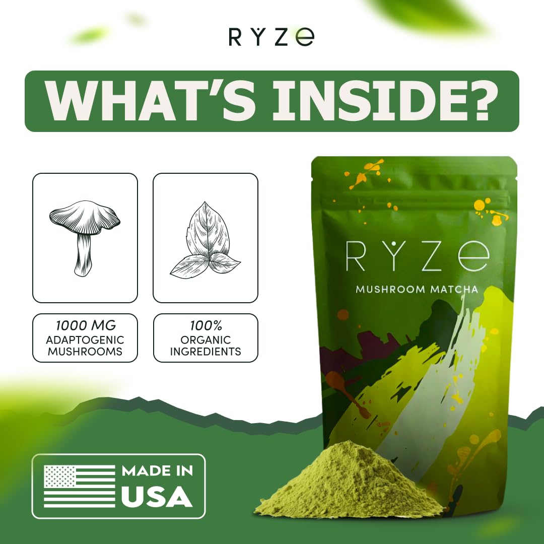 RYZE SUPERFOODS Mushroom Matcha Starter Kit, USDA Organic with 6 Adaptogenic Mushrooms and Ceremonial-Grade Matcha, Energy, Focus, Digestion, Immunity with Turkey Tail, Shiitake, Reishi (Matcha (Pack of 1))
