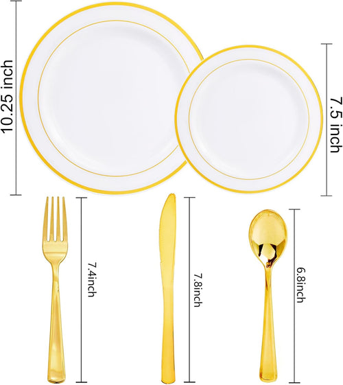 DaYammi 100 Guests Gold Plastic Dinnerware Sets, Includes: 100 Gold Rim Dinner Plates, 100 Salad Plates, 100 Gold Plastic Silverware Set, Perfect for Wedding
