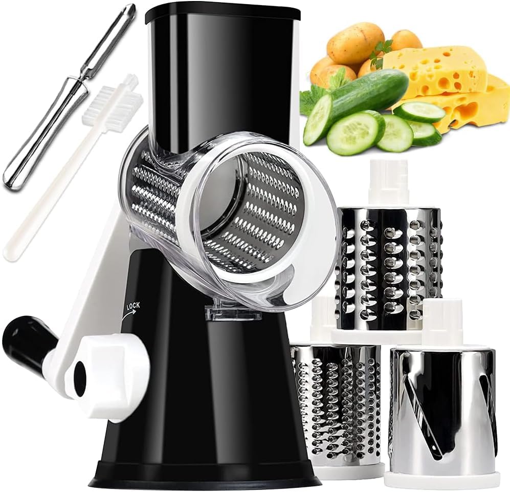 KEOUKE Rotary Cheese Grater Hand Crank Light Blue - Shredder Slicer Grinder 3 Stainless Steel Blades, Stable Suction, Labor-Saving Handle, Safe Kitchen Tool for Cheese, Vegetable, Nuts, Chocolate