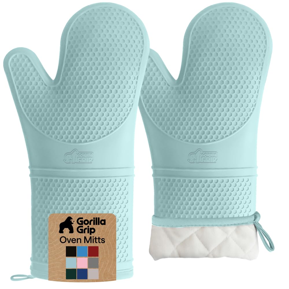 GORILLA GRIP BPA-Free Soft Silicone Oven Mitts, Heat Resistant and Waterproof Cooking Safety Gloves, Thick Cotton Lining, Flexible Gripping, Kitchen Potholders Set, for Grilling, BBQ, 12.5x8.3, Black
