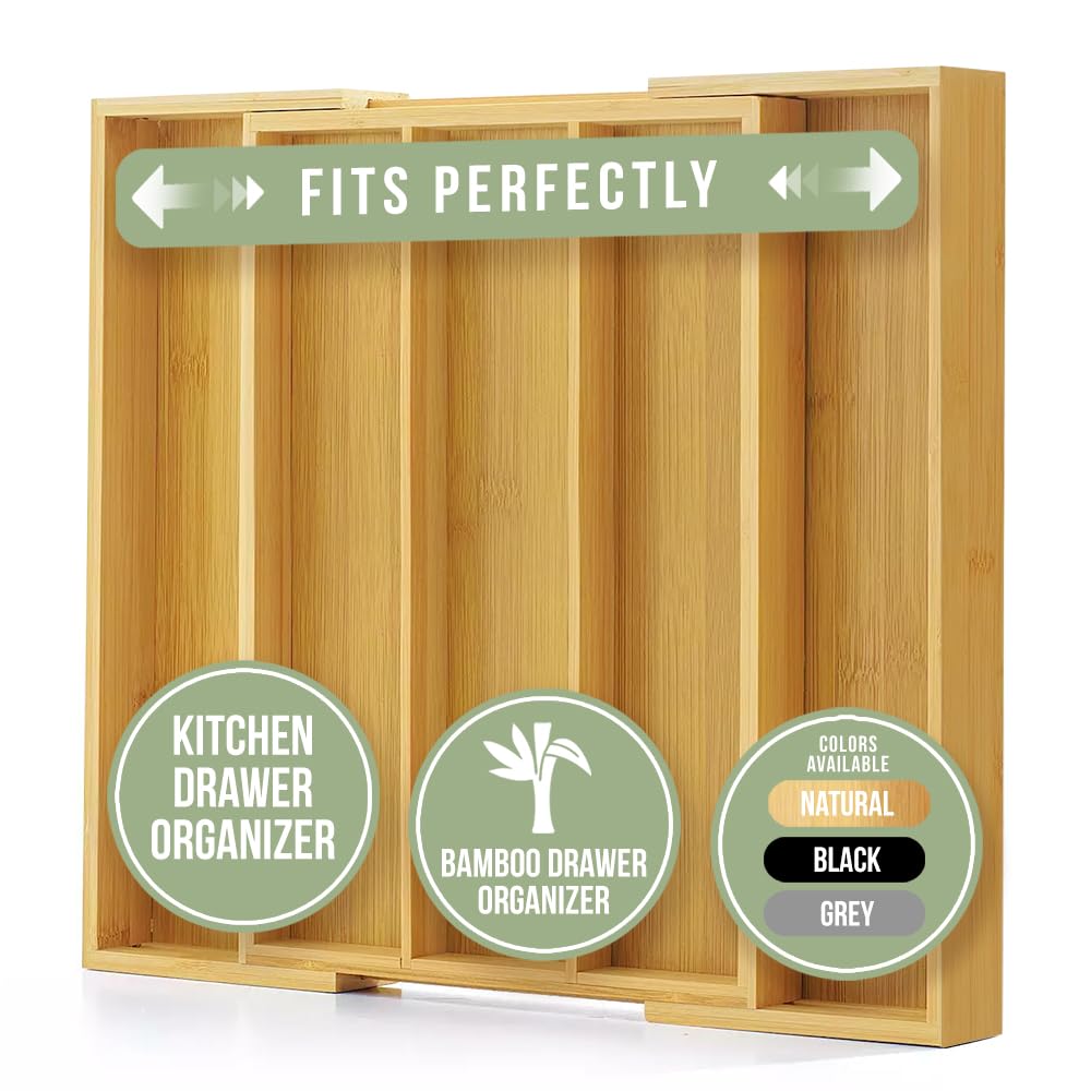 Purawood Bamboo Drawer Organizer - Expandable Silverware Organizer & Utensil Drawer Organizer, Cutlery Tray with Dividers, 7-9 Slots- Kitchen Organizer for Utensils & Flatware (Natural)