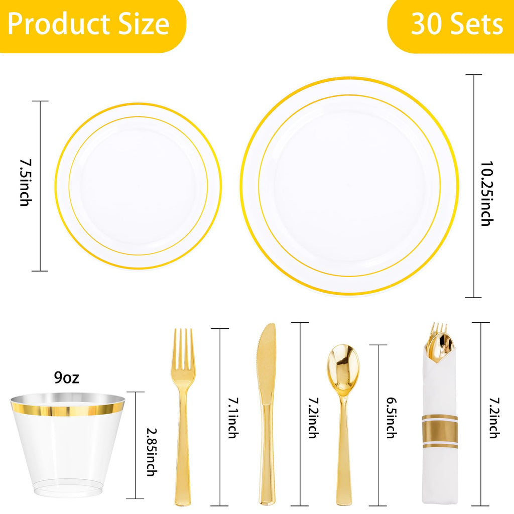 DaYammi 350PCS Gold Plastic Dinnerware Set for 50 Guests, Fancy Disposable Plates for Party, Include: 50 Dinner Plates, 50 Dessert Plates, 50 Pre Rolled Napkins with Gold Silverware, 50 Cups