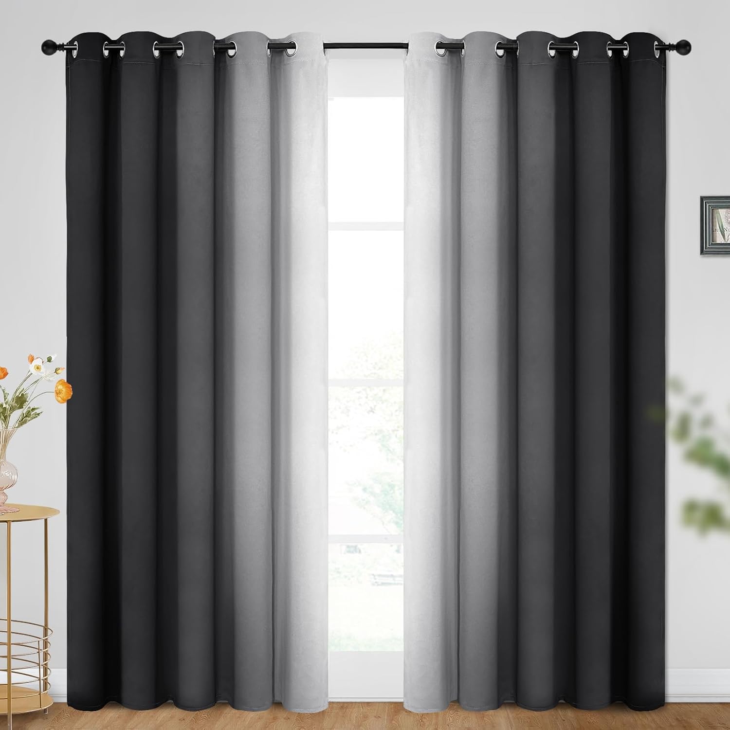 SimpleHome Ombre Room Darkening Curtains for Bedroom, Gradient Black to Grey White Light Blocking Thermal Insulated Grommet Window Curtain/Drapes for Living Room,2 Panels, 52x84 inches Length
