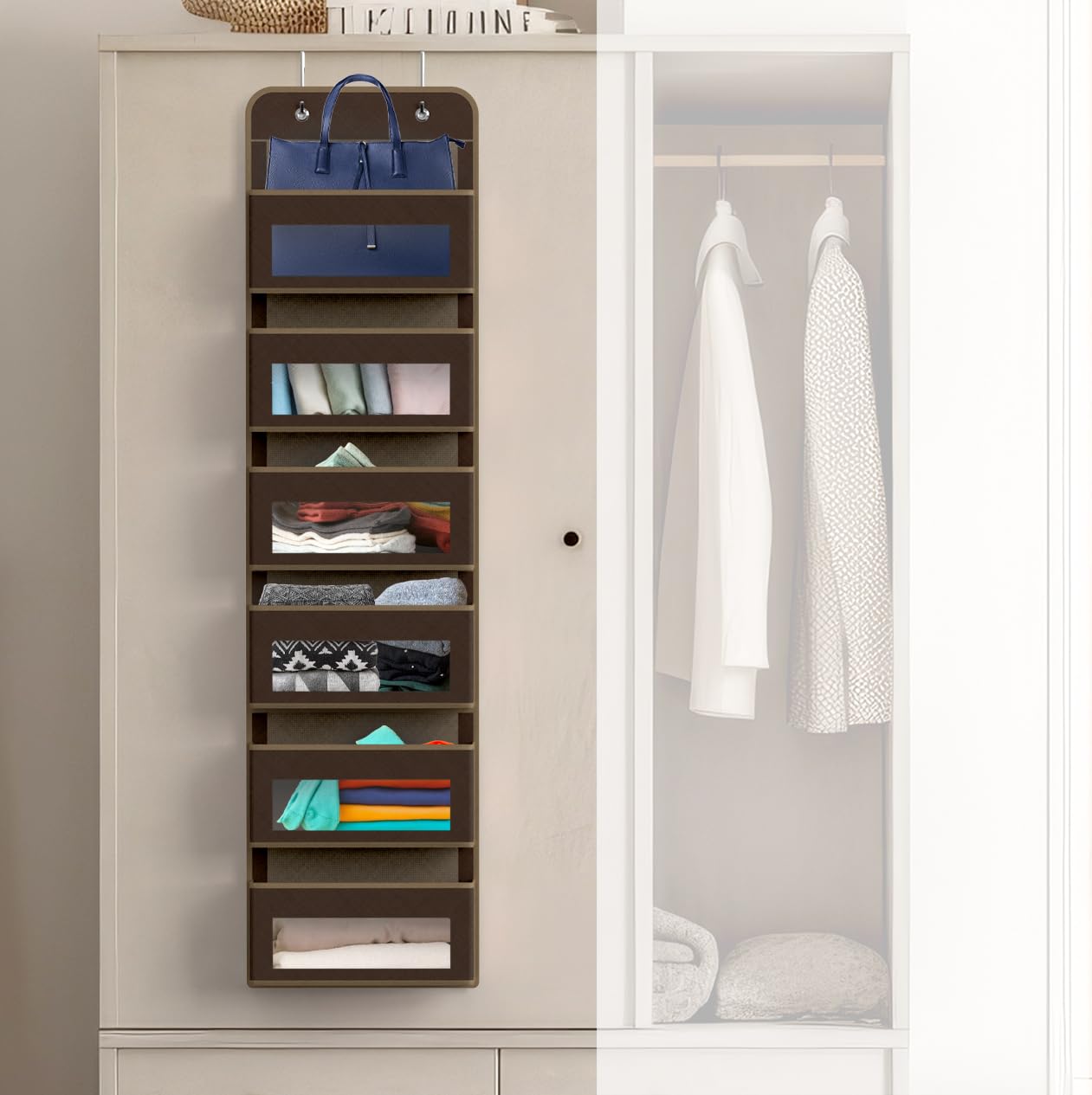 Simple Houseware 6 Clear Window Pocket Over Closet Door Storage Hanging Organizer for Bedroom, Bathroom, Pantry, Beige