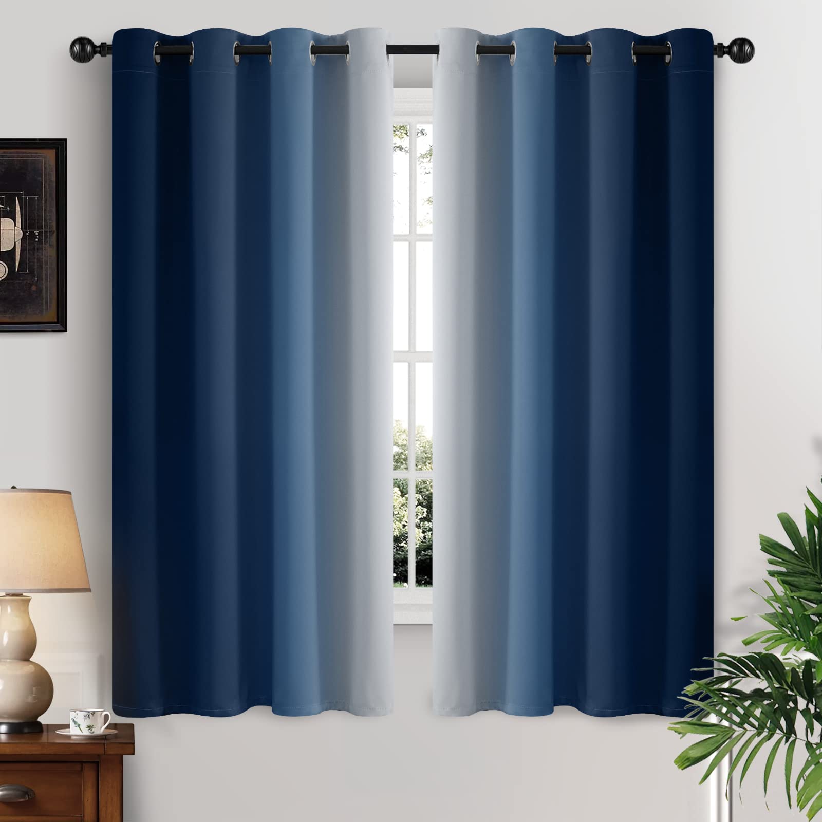 Yakamok Blue and Greyish White Ombre Curtains, Room Darkening Gradient Color Curtains for Bedroom, Light Blocking Thermal Insulated Window Drapes for Living Room(2 Panels, 52x84 Inch)