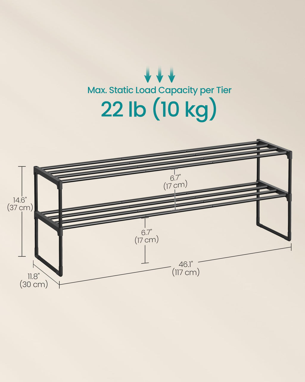 SONGMICS Shoe Rack, 3-Tier Shoe Organizer, Metal Storage Shelf, Upright or Upside Down, for 16-20 Pairs, Stackable, for Entryway, 11.8 x 36.2 x 21.7 Inches, Black ULSA303B02