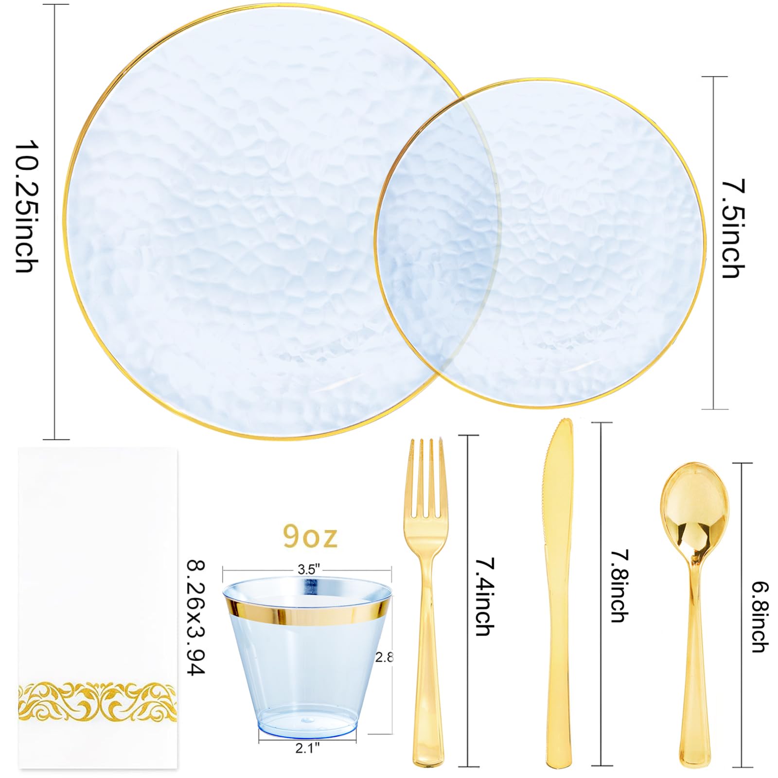 DaYammi 350PCS Clear Gold Plastic Dinnerware Set for 50 Guests, Hammered Disposable Plates for Party, Include: 50 Dinner Plates, 50 Dessert Plates, 150 Gold Silverware, 50 Napkins, 50 Cups