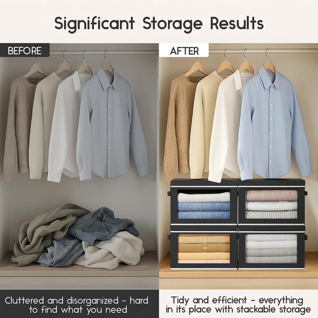 Homsorout Collapsible Storage Bins with Lids - Stackable Storage Containers with Window, 6 Pack Fabric Organizing Bins for Closet, Home & Office Organization Baskets, Beige, 14.9" x 9.8" x 9.8"