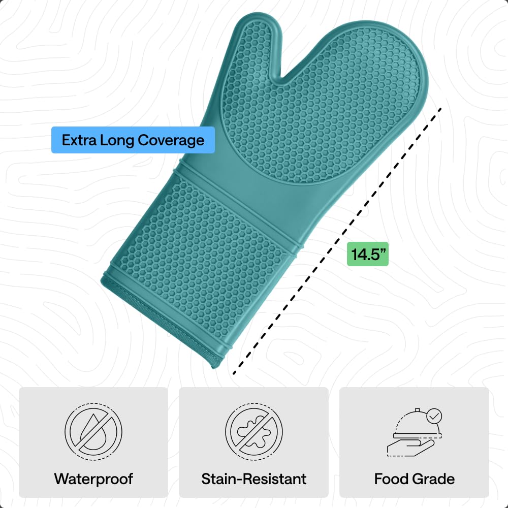 GORILLA GRIP BPA-Free Soft Silicone Oven Mitts, Heat Resistant and Waterproof Cooking Safety Gloves, Thick Cotton Lining, Flexible Gripping, Kitchen Potholders Set, for Grilling, BBQ, 12.5x8.3, Black