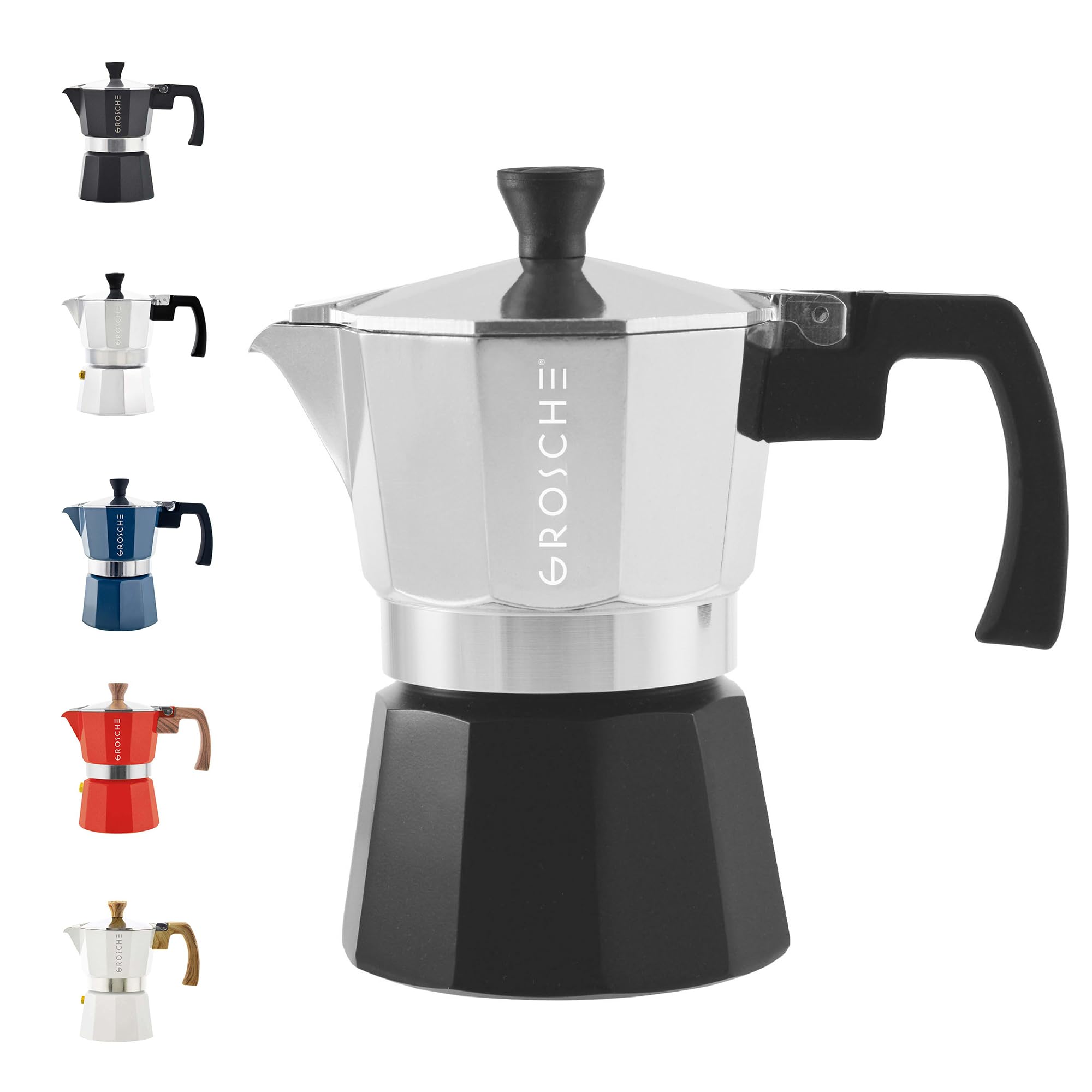 GROSCHE Milano Moka pot, Stovetop Espresso maker, Greca Coffee Maker, Stovetop coffee maker and espresso maker percolator (Grey, 6 cup)