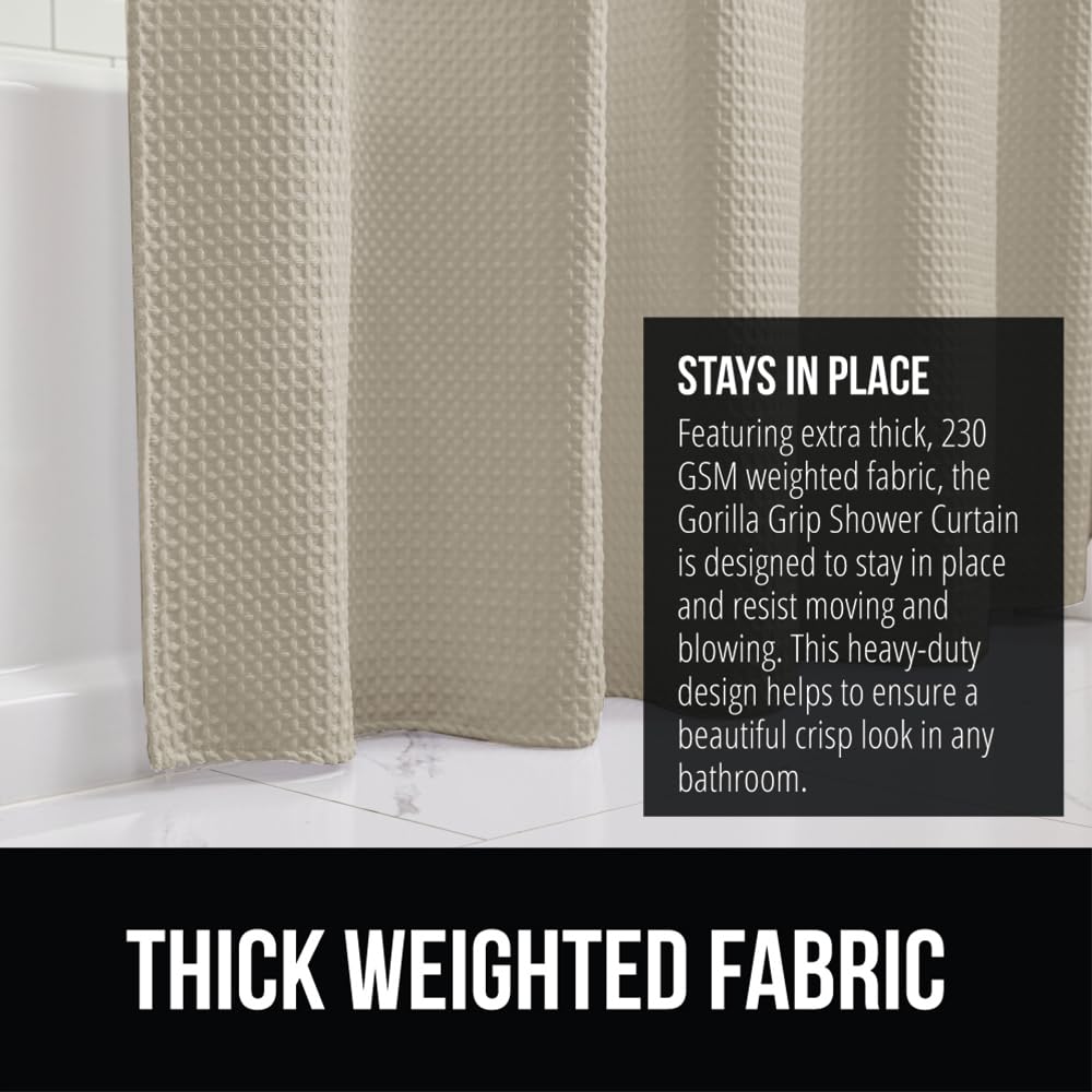 GORILLA GRIP Waffle Shower Curtain, Thick Weighted Fabric, Wrinkle and Rust Resistant, Classic Hotel Quality Design, Heavy Duty Long Curtains for Bathroom Showers, Bath Tubs, Machine Wash, 72x72 White