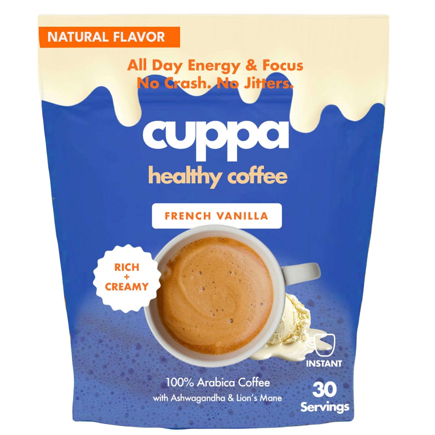Cuppa Medium Roast Mushroom Coffee with Adaptogens & Superfoods - Lion’s Mane, Ashwagandha & Cordyceps. Adaptogens + MCT to support natural energy, mental focus & gut health (30 Servings)