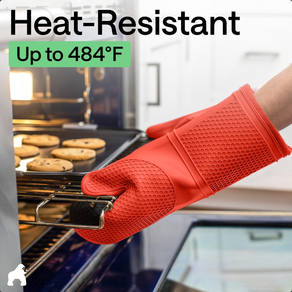 GORILLA GRIP BPA-Free Soft Silicone Oven Mitts, Heat Resistant and Waterproof Cooking Safety Gloves, Thick Cotton Lining, Flexible Gripping, Kitchen Potholders Set, for Grilling, BBQ, 12.5x8.3, Black