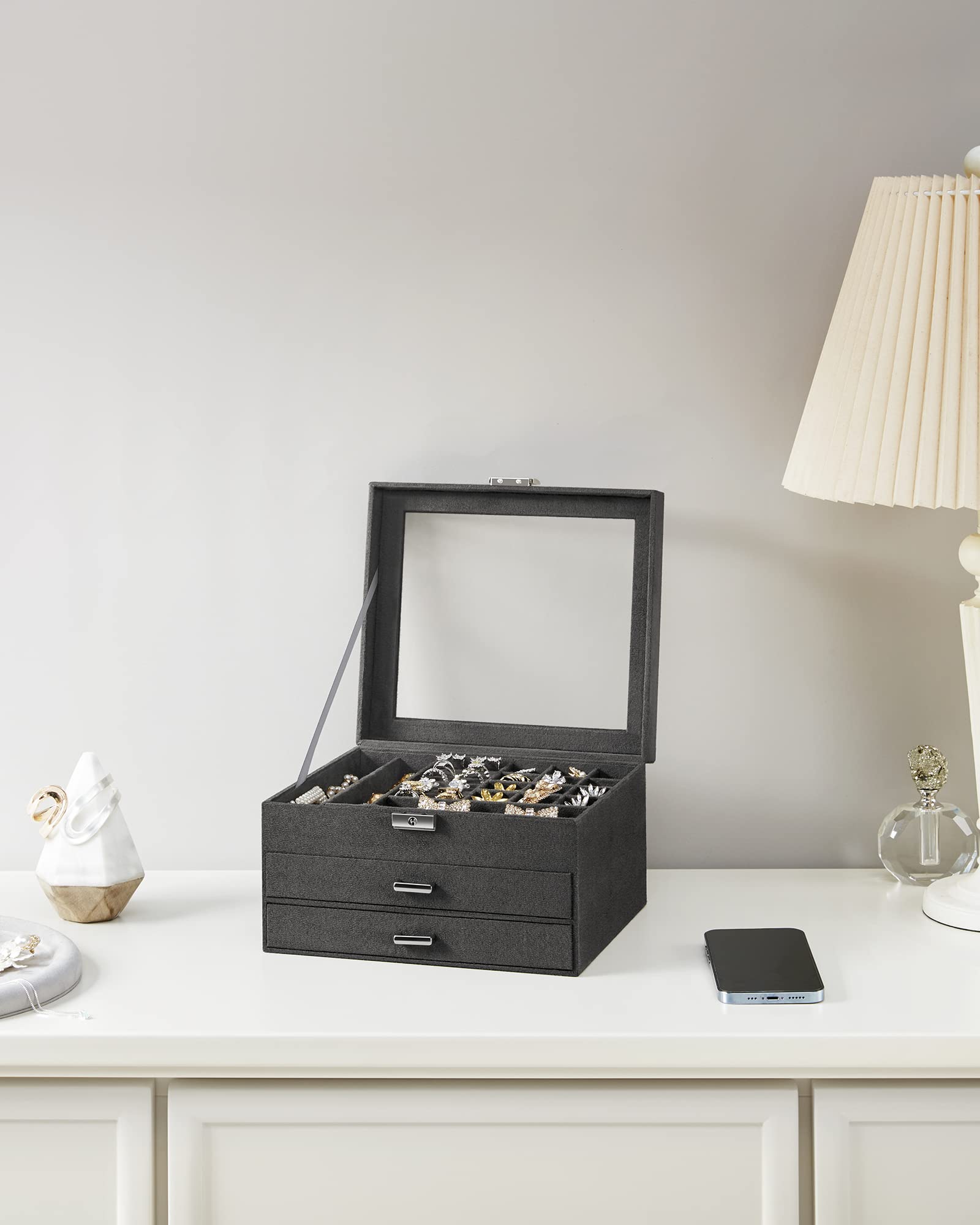 SONGMICS 3-Tier Jewelry Box, Travel Jewelry Case with Handle, 2 Drawers, Lockable Jewelry Organizer with Mirror, Jewelry Storage, Modern Style, Gift for Loved Ones, White UJBC154W01