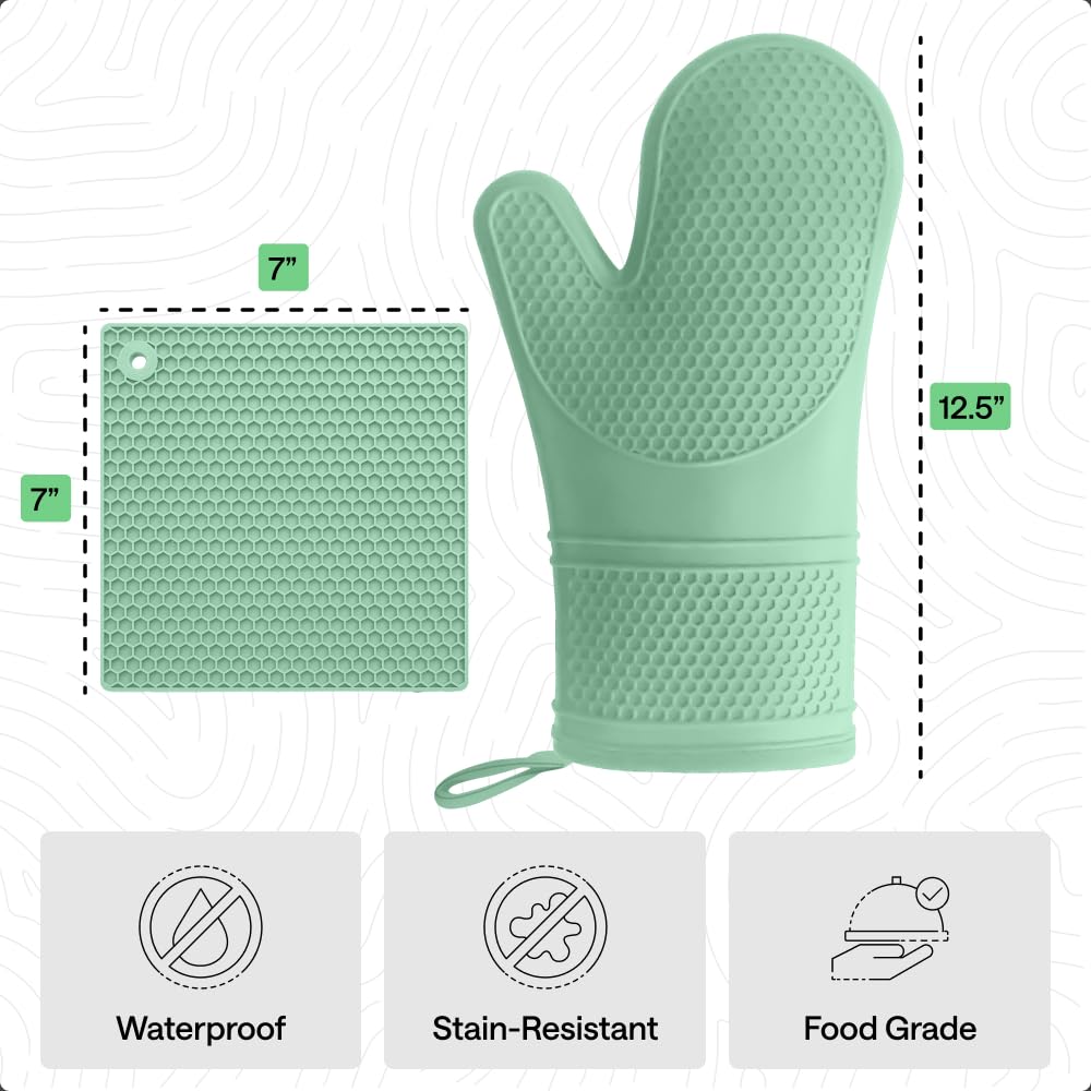 GORILLA GRIP BPA-Free Soft Silicone Oven Mitts, Heat Resistant and Waterproof Cooking Safety Gloves, Thick Cotton Lining, Flexible Gripping, Kitchen Potholders Set, for Grilling, BBQ, 12.5x8.3, Black