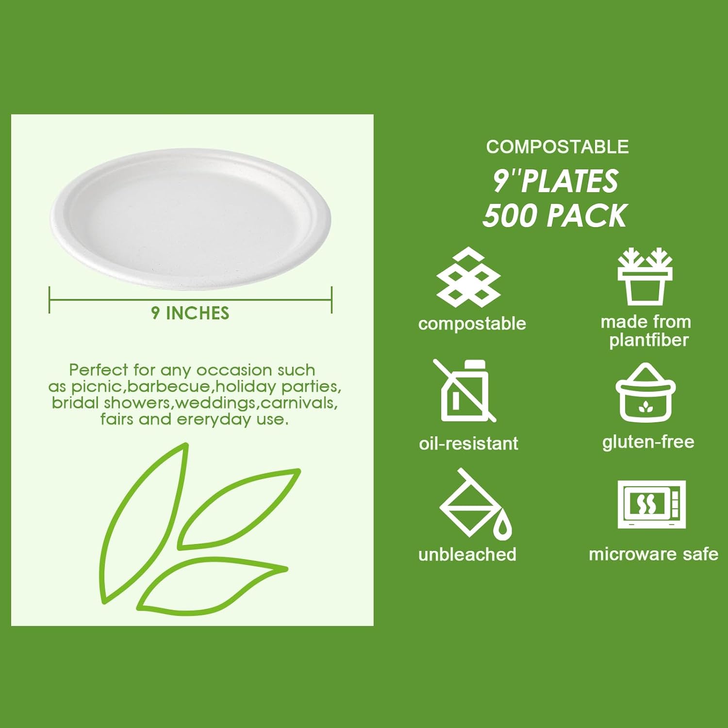 Vplus 500 Pack Compostable Disposable Paper Plates 9 inch and 200 Pack 12 OZ Paper Bowls