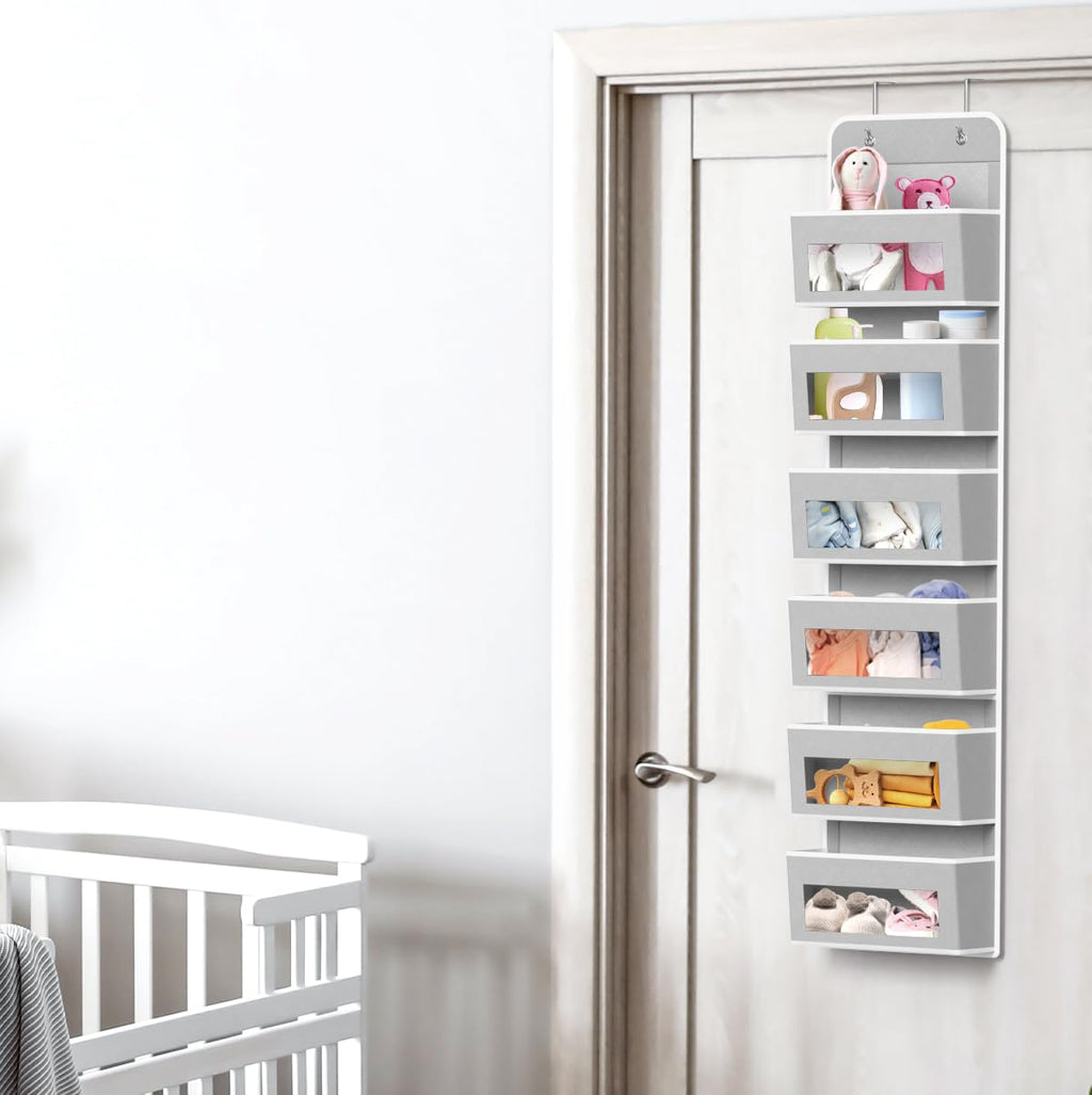 Simple Houseware 6 Clear Window Pocket Over Closet Door Storage Hanging Organizer for Bedroom, Bathroom, Pantry, Beige