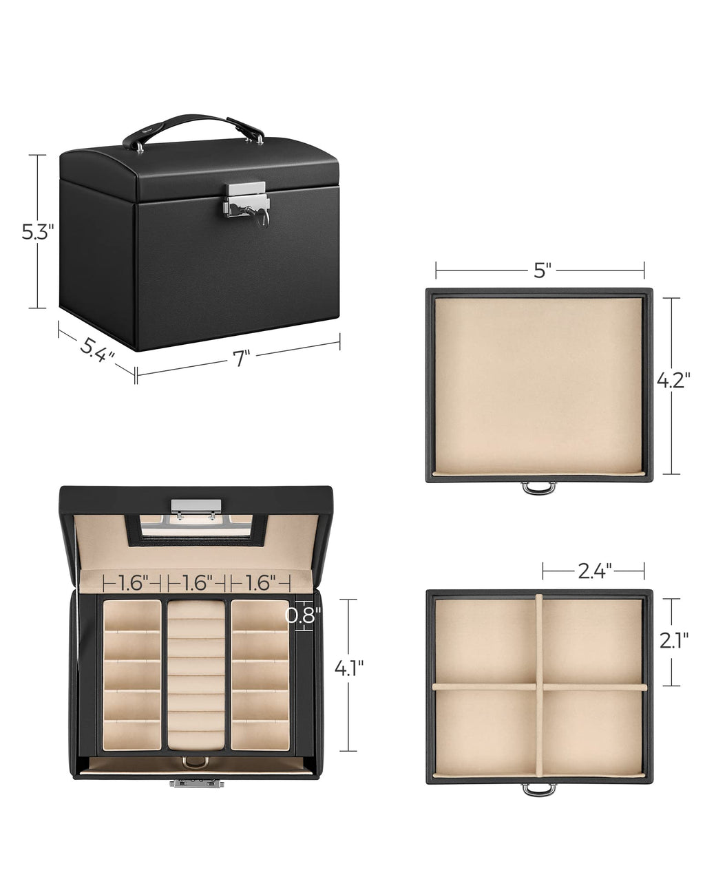 SONGMICS 3-Tier Jewelry Box, Travel Jewelry Case with Handle, 2 Drawers, Lockable Jewelry Organizer with Mirror, Jewelry Storage, Modern Style, Gift for Loved Ones, White UJBC154W01