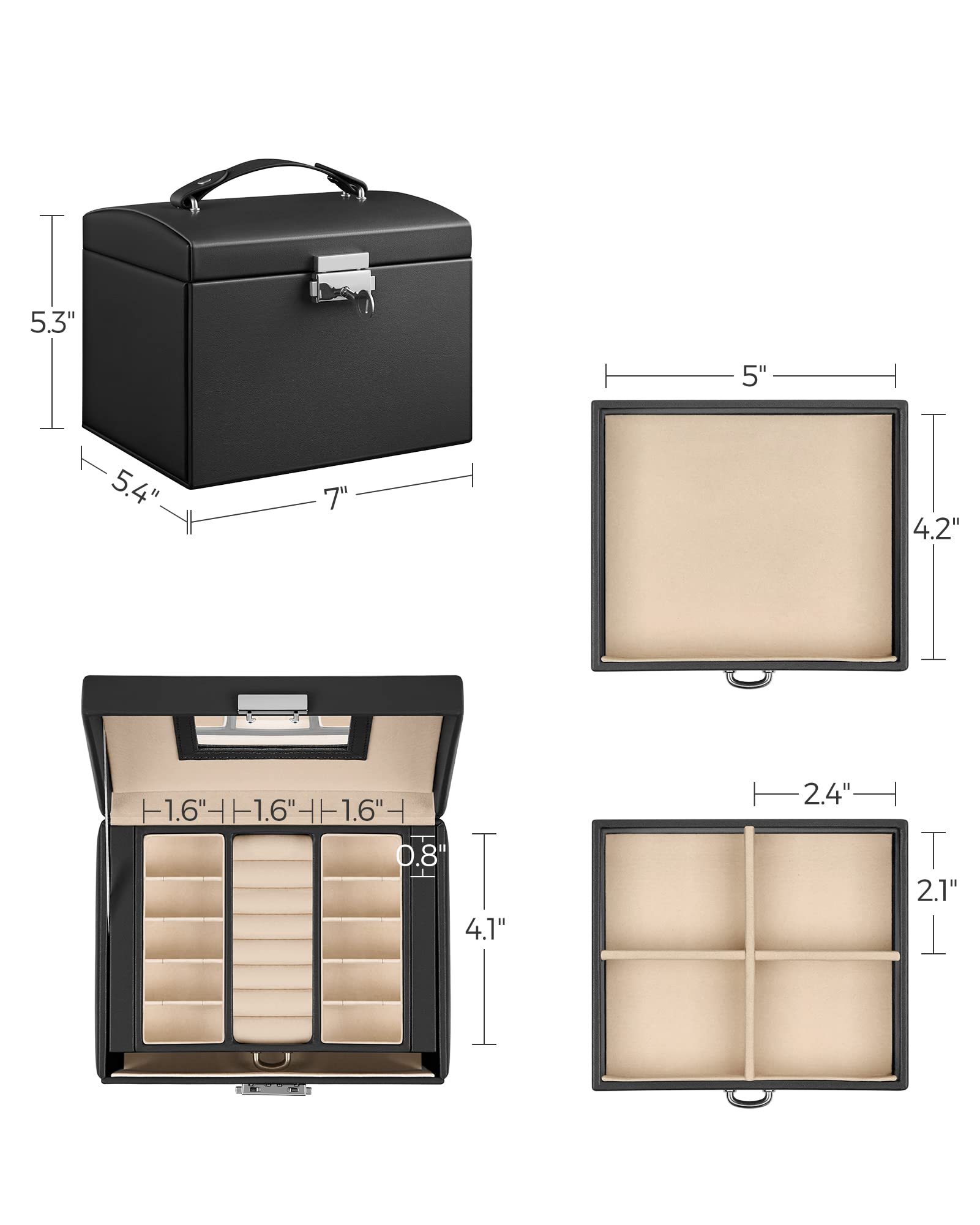 SONGMICS 3-Tier Jewelry Box, Travel Jewelry Case with Handle, 2 Drawers, Lockable Jewelry Organizer with Mirror, Jewelry Storage, Modern Style, Gift for Loved Ones, White UJBC154W01