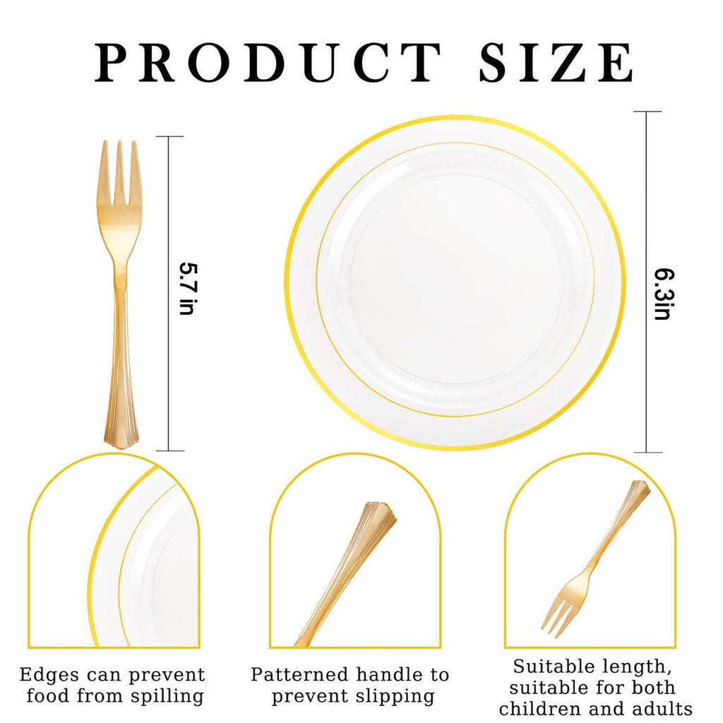 DaYammi 240Pcs Dessert Plates Include 120Pcs Gold Cake Plates 6.3inch with 120Pcs Gold Plastic Forks 5.7inch,Clear gold plates Disposable Salad Plate for Party Appetizer Plate for Wedding Birthday