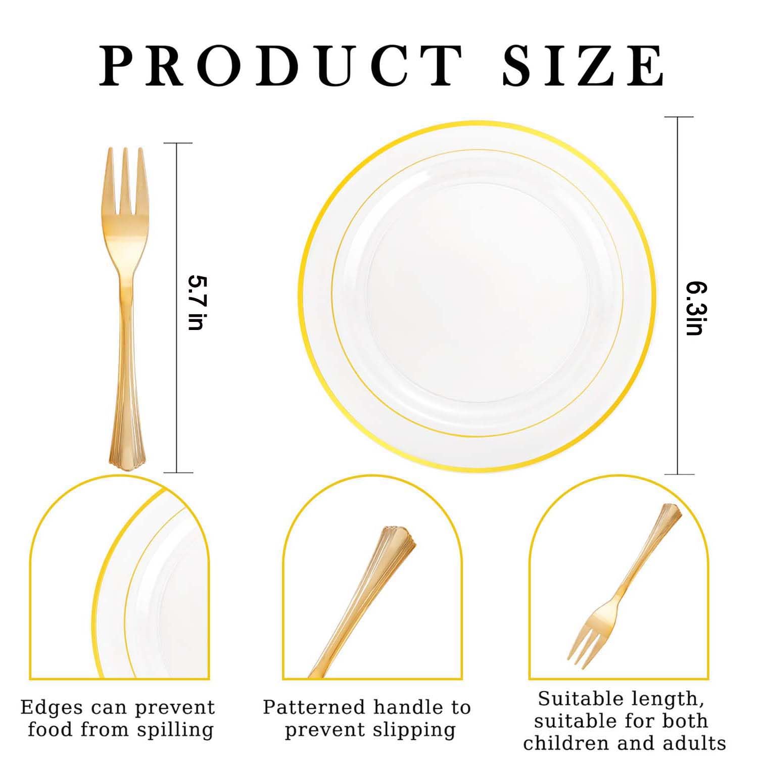 DaYammi 240Pcs Dessert Plates Include 120Pcs Gold Cake Plates 6.3inch with 120Pcs Gold Plastic Forks 5.7inch,Clear gold plates Disposable Salad Plate for Party Appetizer Plate for Wedding Birthday