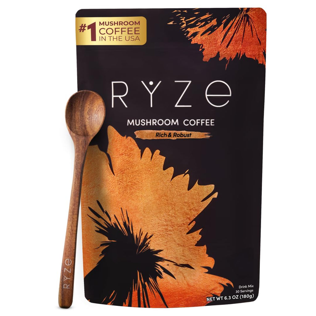 RYZE SUPERFOODS Mushroom Medium Roast Coffee USDA Organic with 6 Adaptogenic Mushrooms, USA Grown Instant Coffee for Better Energy, Focus Digestion Immunity with Lions Mane & Turkey Tail 30 Servings