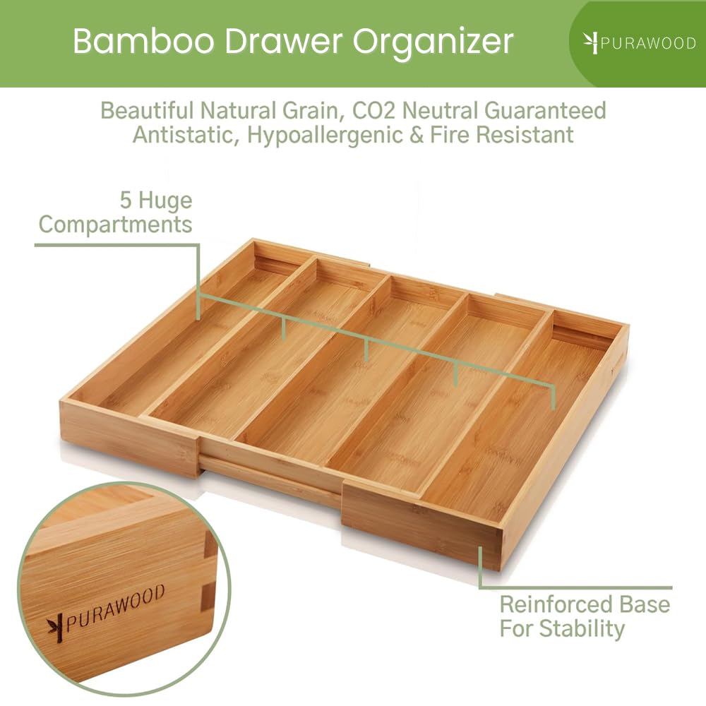 Purawood Bamboo Drawer Organizer - Expandable Silverware Organizer & Utensil Drawer Organizer, Cutlery Tray with Dividers, 7-9 Slots- Kitchen Organizer for Utensils & Flatware (Natural)