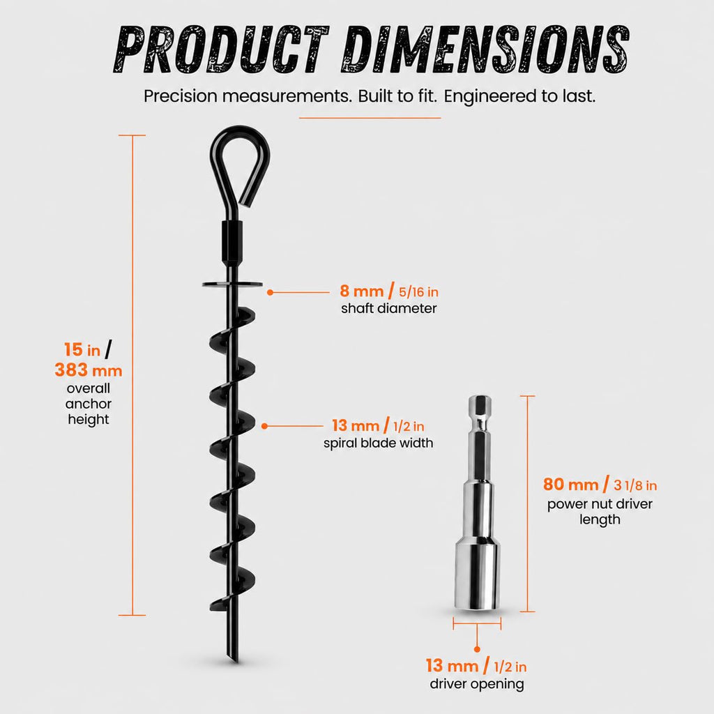 Ground Anchors Screw in Heavy Duty - 4 Pack with Power Nut Driver Drill Bit, Spiral Ground Stakes, Swing Set Anchors, Trampoline Tie Down Kit, High Wind Tent Stakes for Canopy, Car Port, RV Awning
