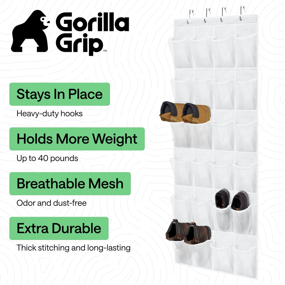 GORILLA GRIP Over the Door Shoe Organizer, 24 Large Breathable Mesh Pockets, Space Saving Hanging Storage Holder, Closet Rack Hanger Holds Up to 40 lbs, Hangs on Closets for Shoes, Accessories, Black
