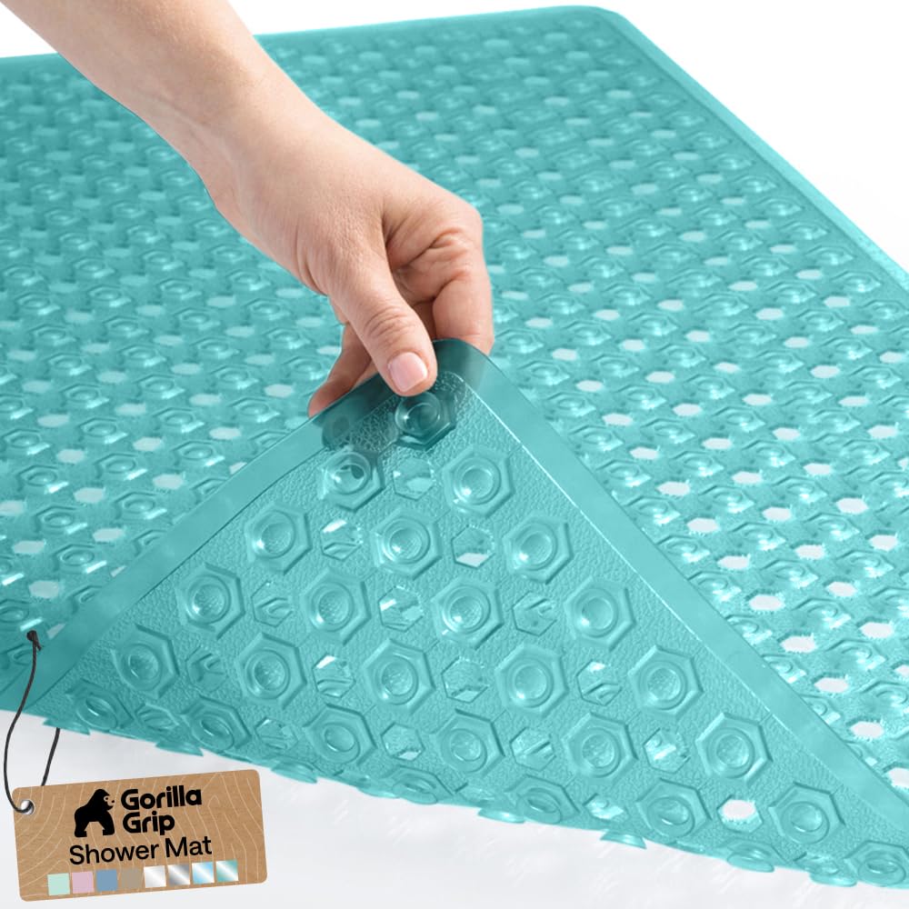 GORILLA GRIP Patented Bath Tub Shower Mat, Machine Washable Bathtub Floor Liner Mats, Suction Cups and Drain Holes to Keep Tubs Clean, Soft on Feet, Bathroom Essentials, 35x16 Inch, Clear