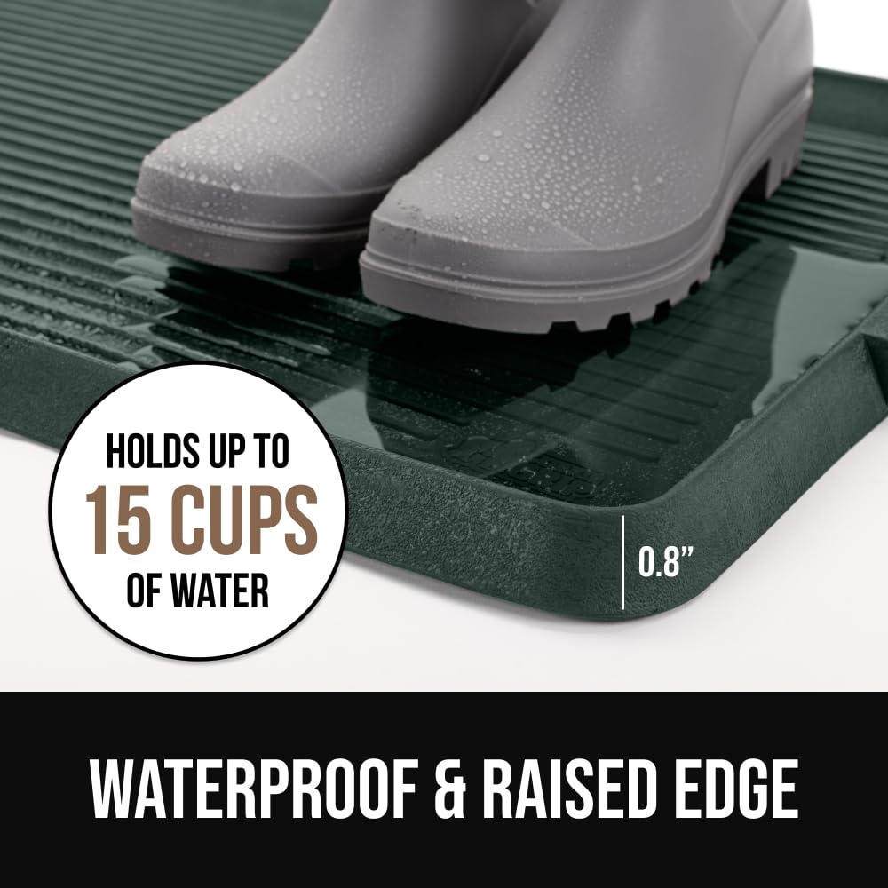GORILLA GRIP Natural Rubber Indoor Outdoor Boot Tray for Shoes, 32x16, Waterproof Winter Mat with Raised Edges, Handles, Tear Resistant Heavy Duty Home Garage Floor Mats, Easy Clean Shoe Trays, Black