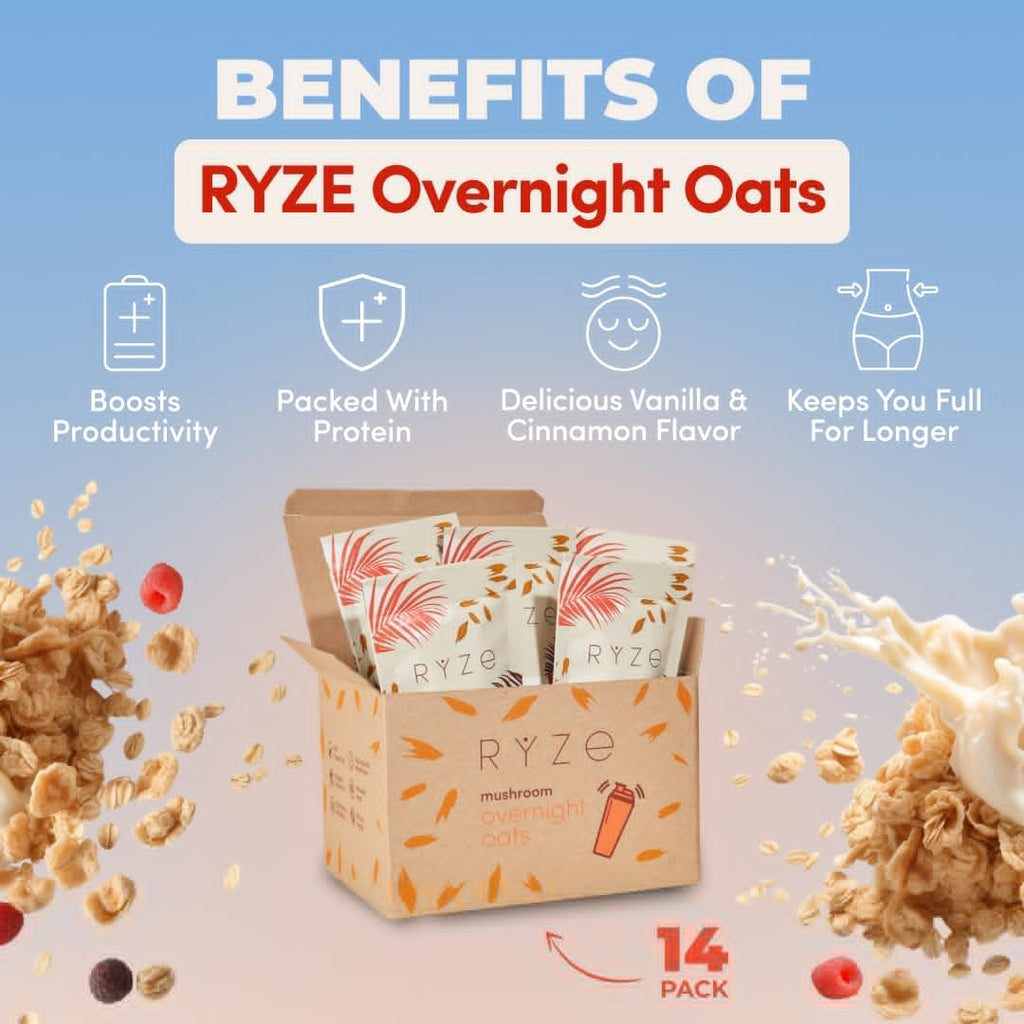 RYZE SUPERFOODS Mushroom Dark Roast Coffee (30 Servings) + Mushroom Overnight Oats (14 Servings), USDA Organic with 6 Adaptogenic Mushrooms