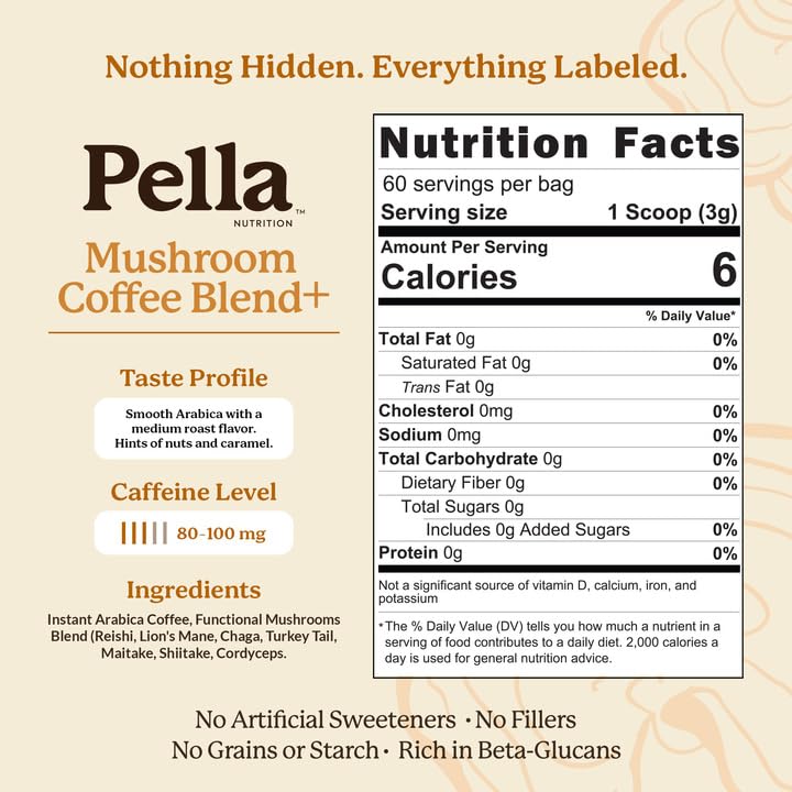 Pella Nutrition Instant Mushroom Coffee Powder - Regular Caffeine, 60 Cups
