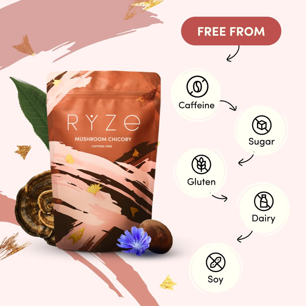 RYZE SUPERFOODS Mushroom Medium Roast Coffee USDA Organic with 6 Adaptogenic Mushrooms, USA Grown Instant Coffee for Better Energy, Focus Digestion Immunity with Lions Mane & Turkey Tail 30 Servings