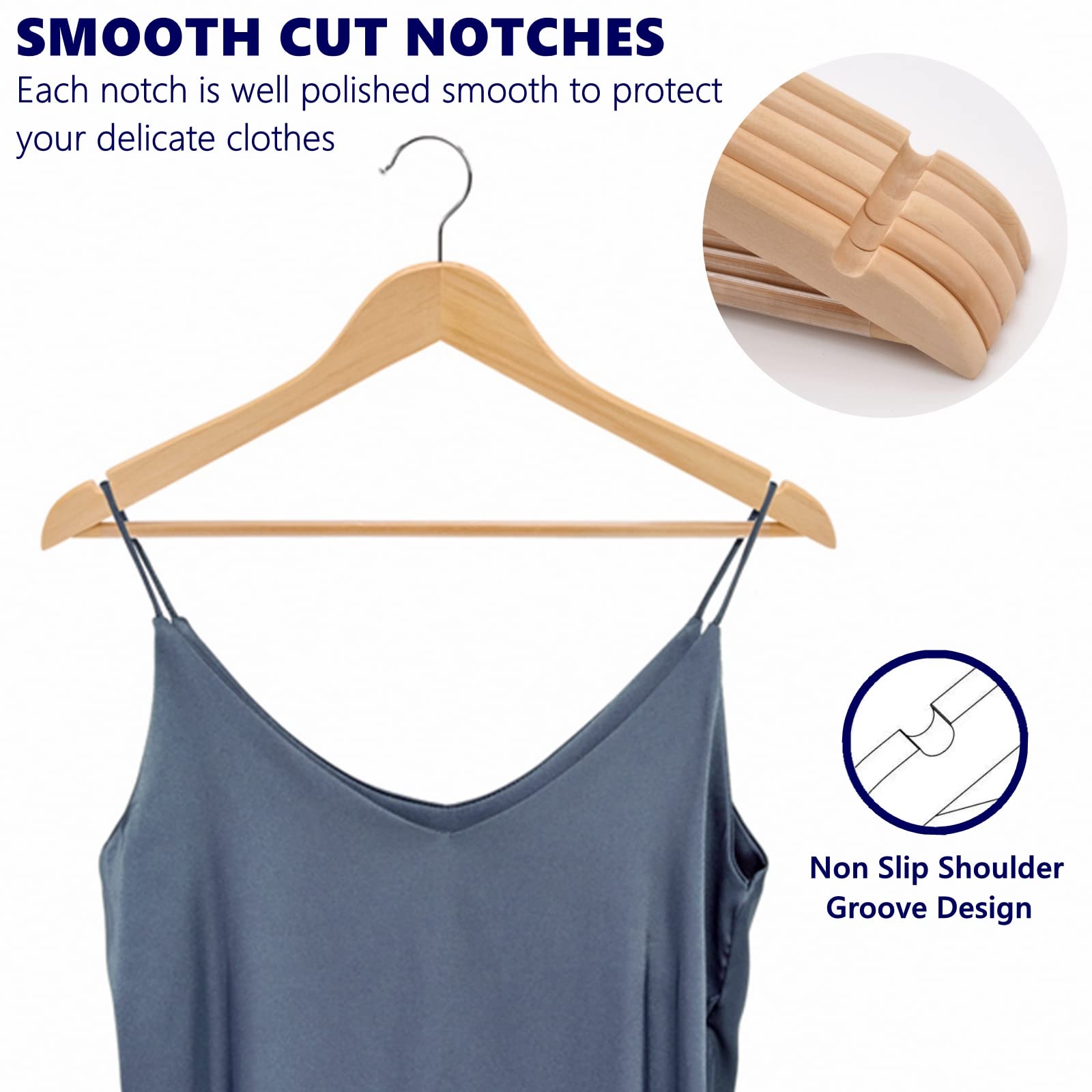 Amber Home 30 Pack Wooden Coat Hangers, Natural Wood Suit Hangers with Non-Slip Pant Bar, Clothes Hangers for Closet Organization, Shirts, Jackets, Dresses, and Pants (Natural, 30)