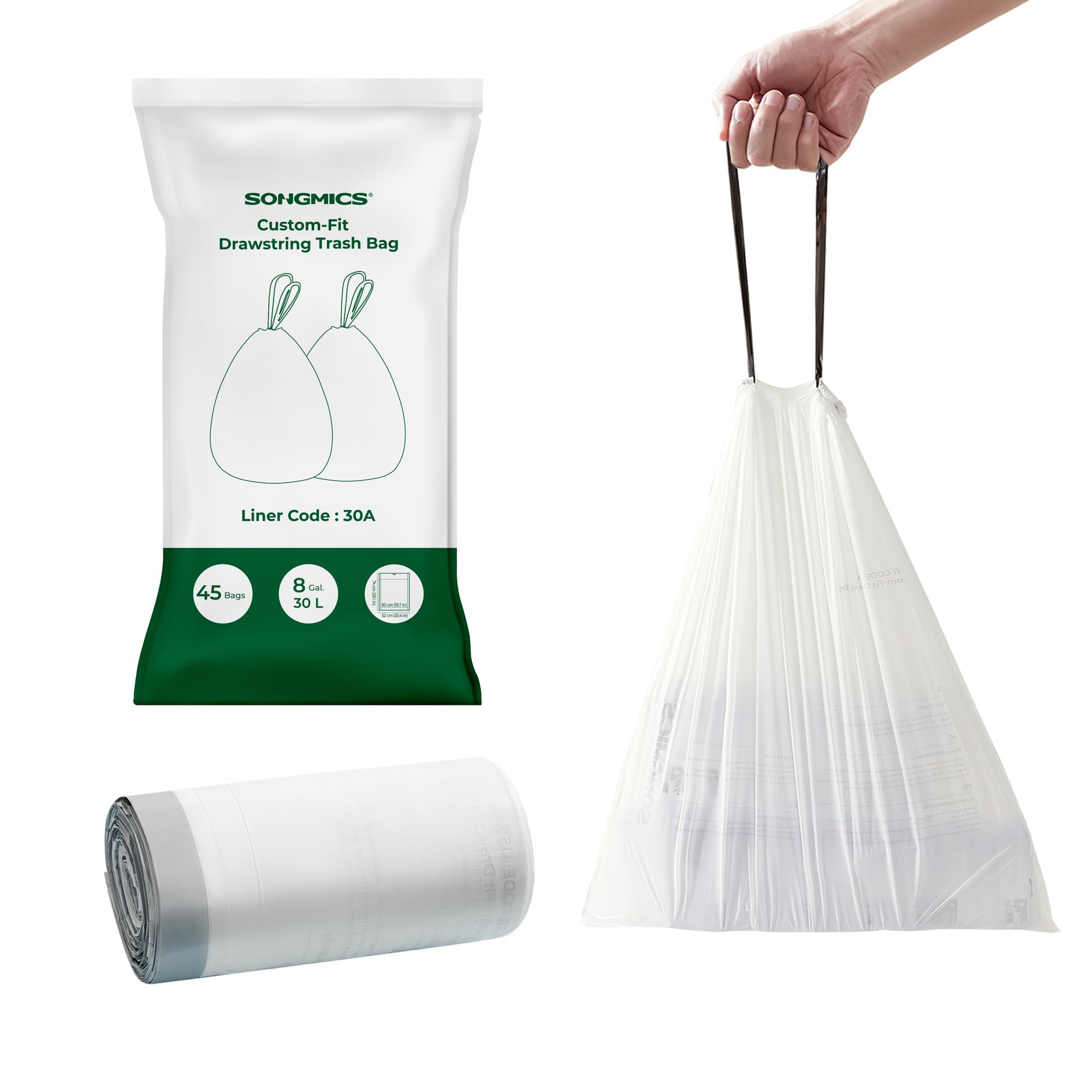 SONGMICS Trash Bags for 8-Gallon (30 L) Trash Cans, Drawstring Kitchen Garbage Bags, Pre-Separated, Liner Code 30A, 2 Rolls, 90 Count, White UKRB30A02
