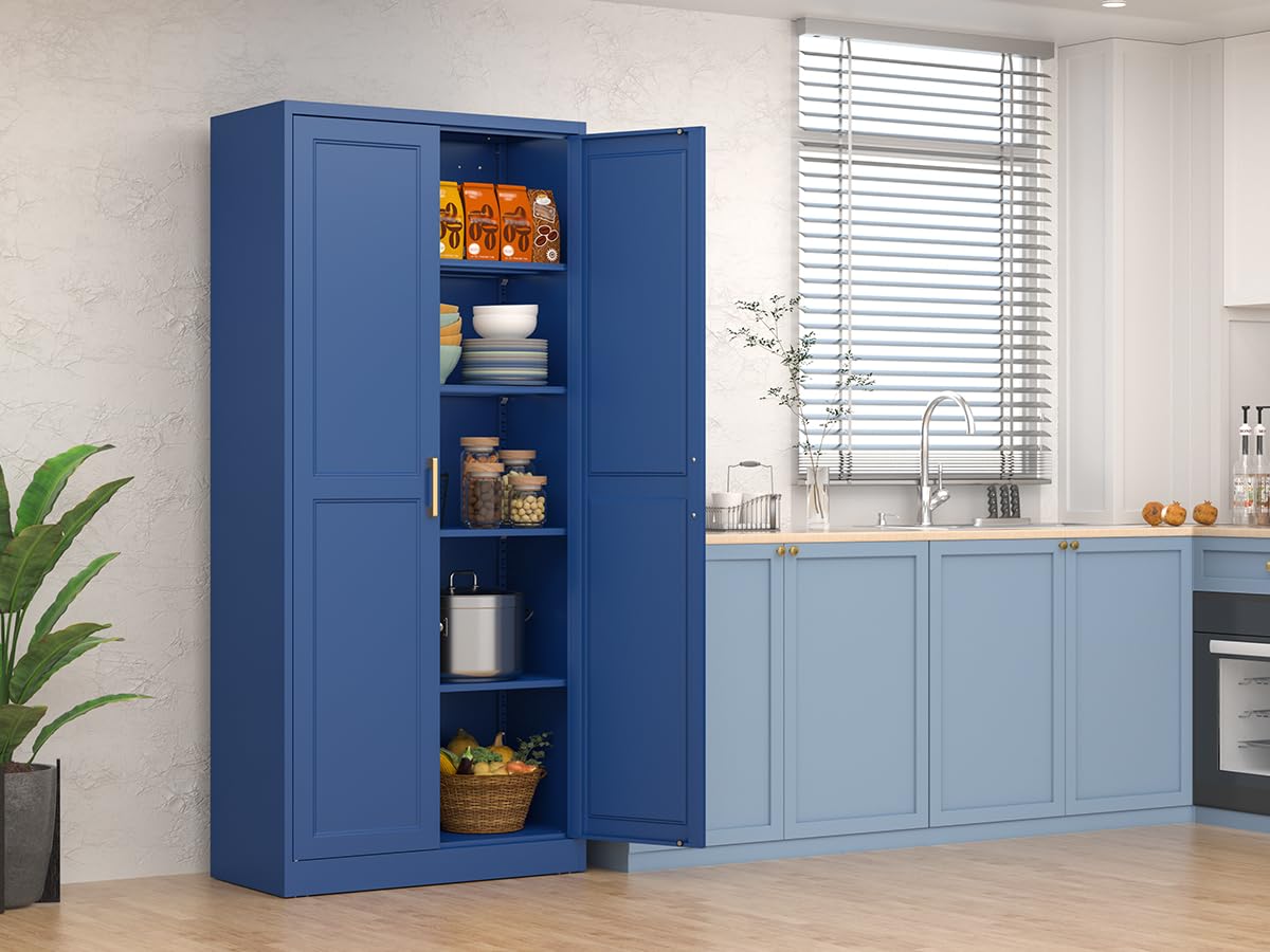 Polup White Kitchen Pantry Cabinet, 71 Inch Tall Metal Storage Cabinet with Doors and Shelves, Pantry Cabinets for Kitchen Storage, Freestanding Cupboard for Living, Dining Room, Assemble Required
