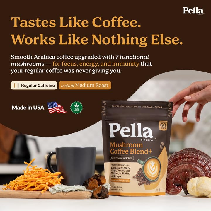 Pella Nutrition Instant Mushroom Coffee Powder - Regular Caffeine, 60 Cups