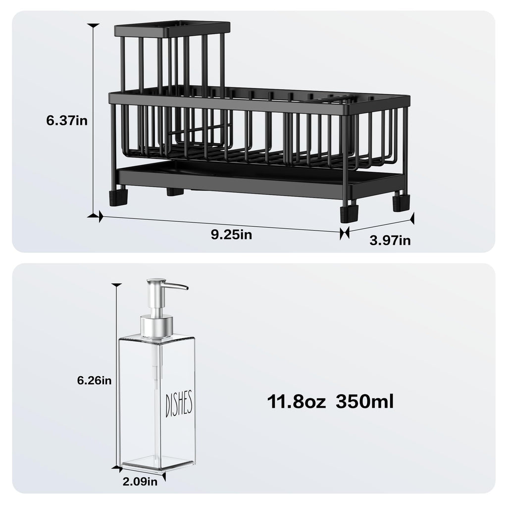 Cisily Juego de dispensador de jabón de cocina con organizador para fregadero, botella de vidrio de 12 onzas, dispensador de jabón para manos y platos con soporte para esponja, accesorios organizadores de fregadero de cocina de acero inoxidable negro