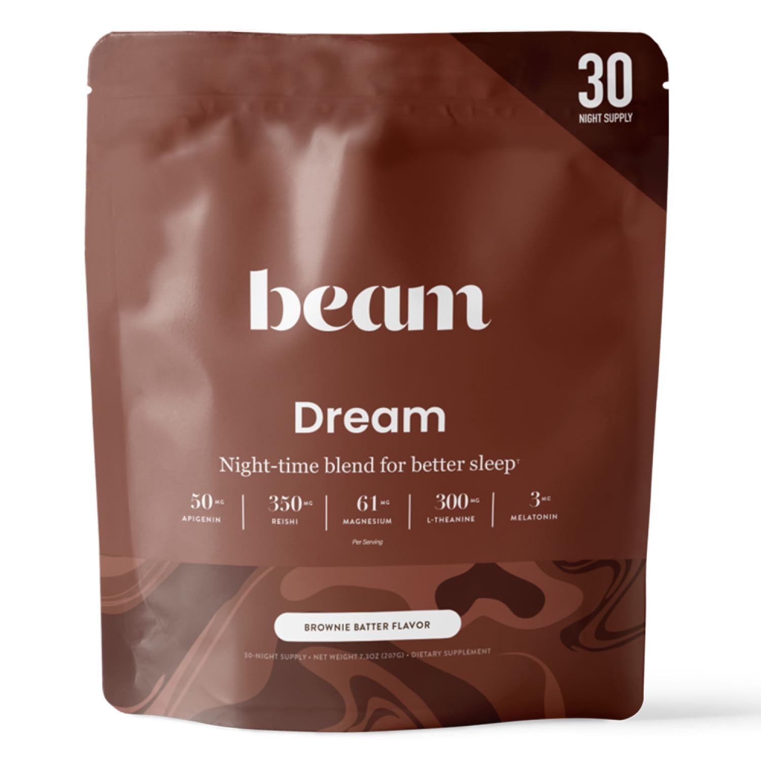 Beam Dream Sleep Powder – Sleep Aid for Adults with Melatonin, Magnesium, L-Theanine, Reishi Mushroom & Apigenin Sleep Supplement, Sleepy Cocoa Bedtime Drink Mix, Brownie Batter Flavor, 30 Servings