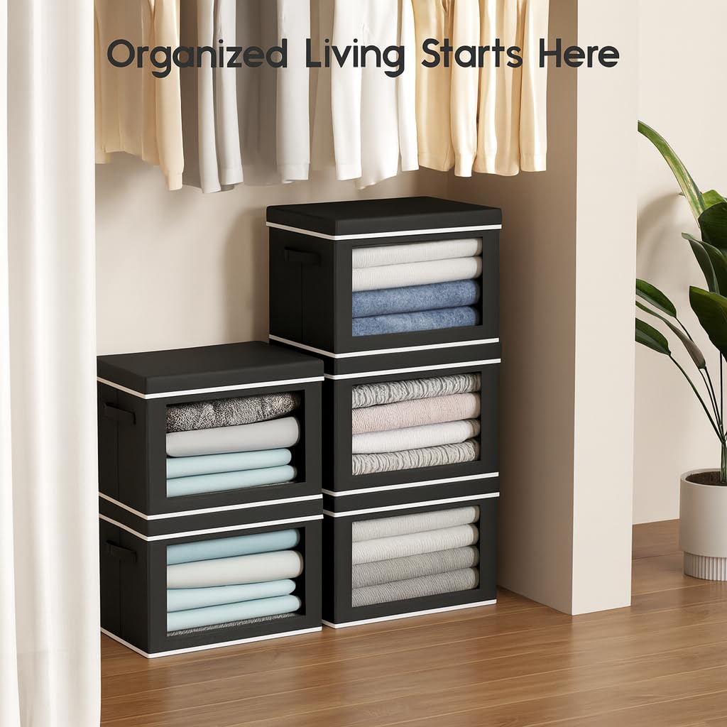 Homsorout Collapsible Storage Bins with Lids - Stackable Storage Containers with Window, 6 Pack Fabric Organizing Bins for Closet, Home & Office Organization Baskets, Beige, 14.9" x 9.8" x 9.8"