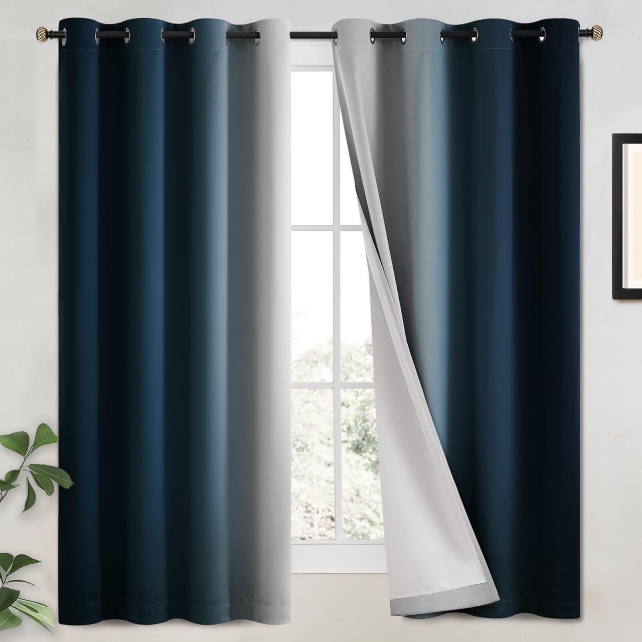 Yakamok Blue and Greyish White Ombre Curtains, Room Darkening Gradient Color Curtains for Bedroom, Light Blocking Thermal Insulated Window Drapes for Living Room(2 Panels, 52x84 Inch)