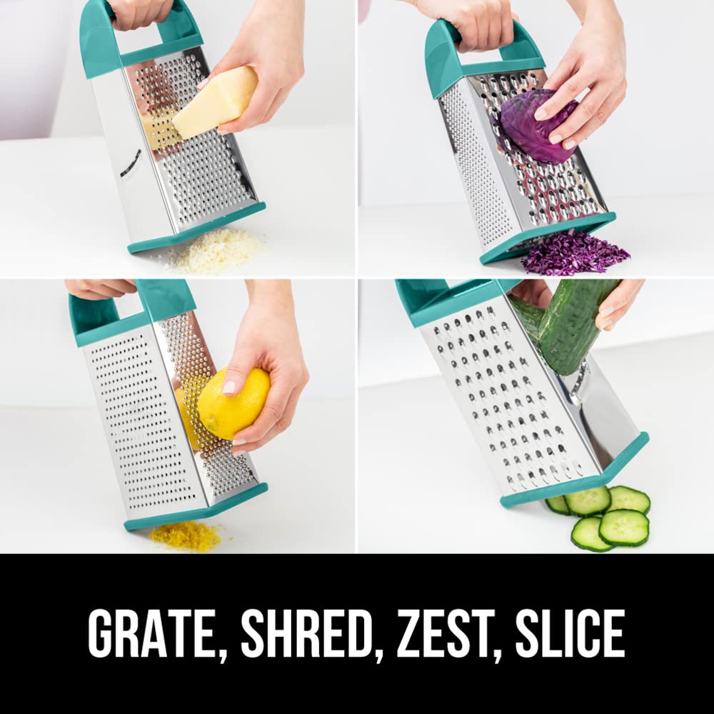 GORILLA GRIP 4-Sided Stainless Steel Cheese Grater With Container, 100% BPA-Free Box Grater, Slip Resistant Base and Handle, Grate Parmesan, Hard Cheeses, Shred Vegetables, Dishwasher Safe, Black